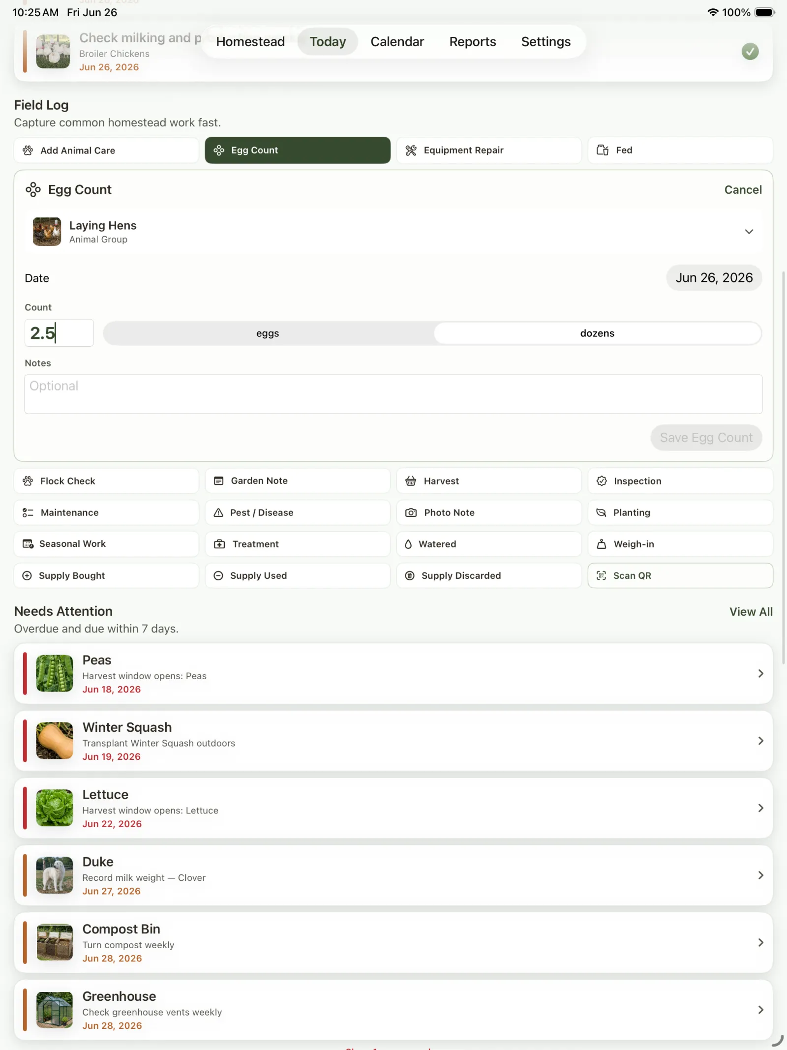 Today screen showing Field Log action buttons for different homestead record types.